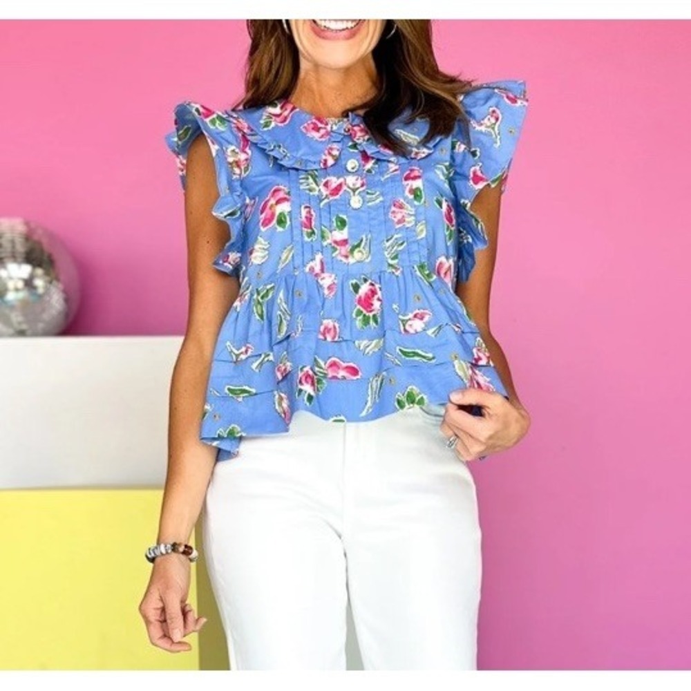 Entro Women's L Blue Floral Peter Pan Collar Flutter Sleeve Ruffle Tier Hem Top